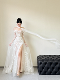 Niulatu A Line Off The Shoulder Tulle Applique Slit Long Sleeves Long Wedding Dresses HZ1110