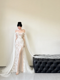 Niulatu A Line Off The Shoulder Tulle Applique Slit Long Sleeves Long Wedding Dresses HZ1110