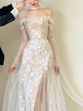 Niulatu A Line Off The Shoulder Tulle Applique Slit Long Sleeves Long Wedding Dresses HZ1110