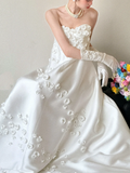 Niulatu Strapless White Satin Applique With Gloves Long Wedding Dresses HZ1110