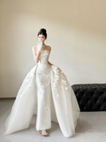 Niulatu Mermaid Strapless White Satin Tulle Applique With Gloves Long Wedding Dresses HZ1110