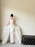 Niulatu Mermaid Strapless White Satin Tulle Applique With Gloves Long Wedding Dresses HZ1110