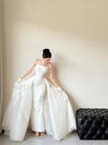 Niulatu Mermaid Strapless White Satin Tulle Applique With Gloves Long Wedding Dresses HZ1110