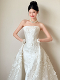Niulatu Mermaid Strapless White Satin Tulle Applique With Gloves Long Wedding Dresses HZ1110