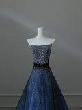 Niulatu A line Strapless Navy Blue Tulle Long Prom Dresses Evening Gowns S3857