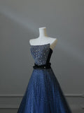Niulatu A line Strapless Navy Blue Tulle Long Prom Dresses Evening Gowns S3857