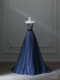 Niulatu A line Strapless Navy Blue Tulle Long Prom Dresses Evening Gowns S3857