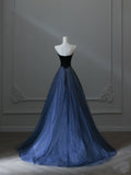 Niulatu A line Strapless Navy Blue Tulle Long Prom Dresses Evening Gowns S3857