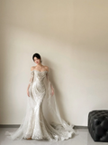 Niulatu Mermaid Off The Shoulder Tulle Beaded Long Sleeves Long Wedding Dresses HZ1110