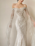 Niulatu Mermaid Off The Shoulder Tulle Beaded Long Sleeves Long Wedding Dresses HZ1110
