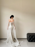 Niulatu Mermaid Off The Shoulder Tulle Beaded Long Sleeves Long Wedding Dresses HZ1110
