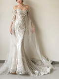Niulatu Mermaid Off The Shoulder Tulle Beaded Long Sleeves Long Wedding Dresses HZ1110