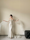Niulatu Mermaid Off The Shoulder Tulle Beaded Long Sleeves Long Wedding Dresses HZ1110