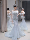 Niulatu Mermaid Strapless Neckline Long Sequin Feathers Long Wedding Dresses Brides Dress S3861