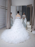 Niulatu Mermaid Strapless Neckline Long Sequin Feathers Long Wedding Dresses Brides Dress S3861