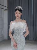 Niulatu Mermaid Strapless Neckline Long Sequin Feathers Long Wedding Dresses Brides Dress S3861