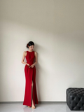 Niulatu Mermaid Red Satin Backless Satin Long Bridesmaid Dress HZ1110