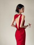 Niulatu Mermaid Red Satin Backless Satin Long Bridesmaid Dress HZ1110