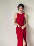 Niulatu Mermaid Red Satin Backless Satin Long Bridesmaid Dress HZ1110