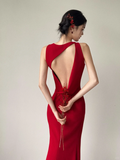 Niulatu Mermaid Red Satin Backless Satin Long Bridesmaid Dress HZ1110