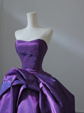 Niulatu Ball Gown Strapless Grape Satin Long Prom Dresses Evening Gowns S3867