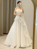 Niulatu Simple A Line Strapless Satin Long Wedding Dresses HZ1110