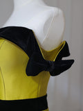 Niulatu A Line Strapless Satin Yellow Long Prom Dresses Evening Gowns S3869
