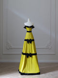 Niulatu A Line Strapless Satin Yellow Long Prom Dresses Evening Gowns S3869