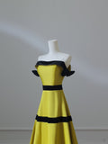 Niulatu A Line Strapless Satin Yellow Long Prom Dresses Evening Gowns S3869