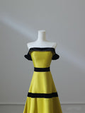Niulatu A Line Strapless Satin Yellow Long Prom Dresses Evening Gowns S3869