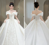 Niulatu Ball Gown Off The Shoulder Satin Lace Long Wedding Dresses HZ1110