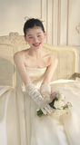 Niulatu Ball Gown Strapless Satin Lace With Veil And Gloves Long Wedding Dresses HZ1110