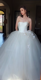 Niulatu Ball Gown Strapless Satin Tulle Applique Long Wedding Dresses HZ1110