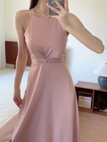Niulatu Simple A Line Halter Satin Long Bridesmaid Dress HZ1110