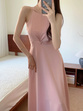 Niulatu Simple A Line Halter Satin Long Bridesmaid Dress HZ1110