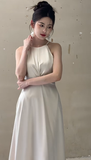 Niulatu Simple A Line Halter Satin Long Bridesmaid Dress HZ1110