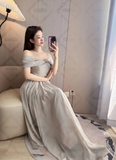 Niulatu Simple A Line Off The Shoulder Chiffon Long Bridesmaid Dress HZ1110