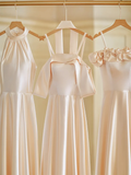 Niulatu Champagne A Line Satin Long Bridesmaid Dress HZ1110