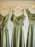 Niulatu Green Elegant A Line Satin Long Bridesmaid Dress HZ1110