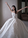 Niulatu Ball Gown Strapless Satin Applique Tulle Long Wedding Dresses HZ1110