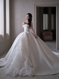 Niulatu Ball Gown Strapless Satin Applique Tulle Long Wedding Dresses HZ1110