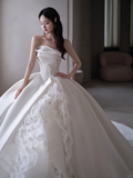Niulatu Ball Gown Strapless Satin Applique Tulle Long Wedding Dresses HZ1110