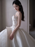 Niulatu Ball Gown Strapless Satin Applique Tulle Long Wedding Dresses HZ1110