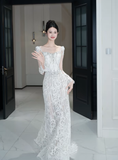 Niulatu Mermaid White Lace Long Sleeves Long Wedding Dresses HZ1110