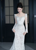 Niulatu Mermaid White Lace Long Sleeves Long Wedding Dresses HZ1110