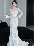 Niulatu Mermaid White Lace Long Sleeves Long Wedding Dresses HZ1110