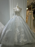 Niulatu Ball Gown Tulle Lace Applique Beaded Long Sleeves Long Wedding Dresses HZ1110