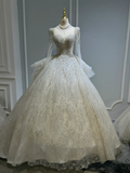 Niulatu Ball Gown Tulle Lace Sequin Beaded Long Sleeves Long Wedding Dresses HZ1110