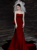 Niulatu Mermaid Strapless Satin Long Burgundy Prom Dress HZ1110