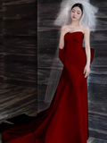 Niulatu Mermaid Strapless Satin Long Burgundy Prom Dress HZ1110